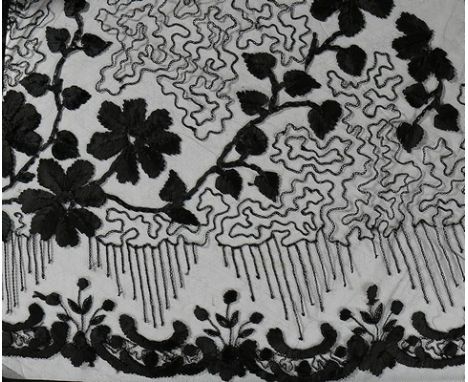 A general group of lace, 1850-1900, including an un-used black soutache tulle dress panel; a blonde silk lace stole length, 7
