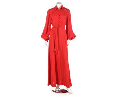 An Ossie Clark for Radley red moss crepe dress, 1970s, satin printed label, with button front and pointed collar, tie belt, b