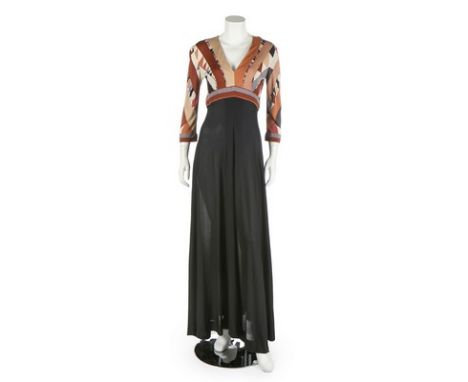 A Pucci silk jersey palazzo jumpsuit, 1960s, the bodice with deep V-neck and printed in shades of brown, bust approx 92cm, 36