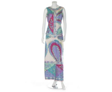 A Pucci printed silk foulard ensemble, late 1960s, labelled, in shades of blue and purple, the top with scooped rear neckline