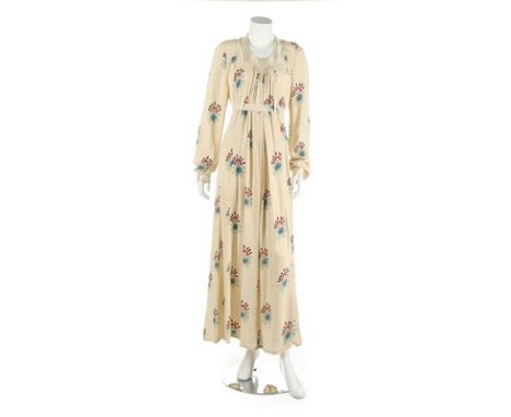 An Ossie Clark/Celia Birtwell printed moss crepe dress, early 1970s, Radley printed satin label, with smock-like pleats to fr