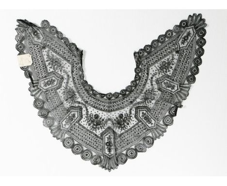 A group of black lace, 1860-80, including 1830s tamboured  bonnet veil; Chantilly collar and dress flounce, approx 46 by 850c