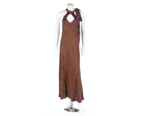 An Ossie Clark bias cut brown/purple striped crepe dress, late 1960s, un-labelled, the high neckline with key-hole front and 