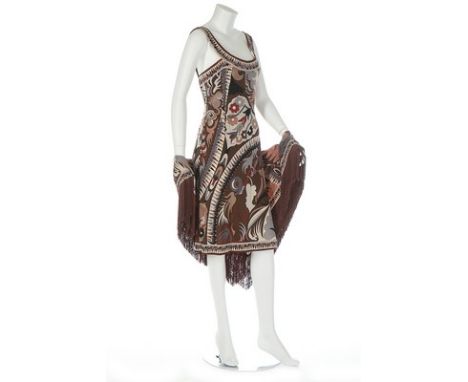 A Pucci brown printed silk dress and shawl, 1965, labelled, the jersey dress with low-scooped back and faux button fastenings