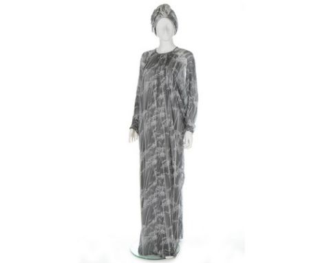 A Yuki for Rembrandt printed chiffon kaftan dress with turban, mid 1970s, labelled, with overall bamboo print, gathered sligh