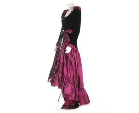 An Yves Saint Laurent Rive Gauche velvet and shot silk taffeta gown, 1980s, labelled and size 38, the bodice with frilled col