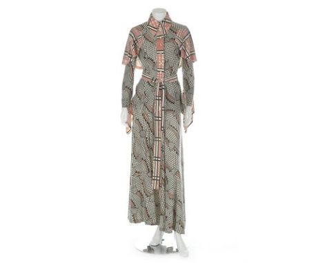 An Ossie Clark/Celia Birtwell 'Step by Step' print wool ensemble, mid 1970s, labelled and size 12, the shirt with capelet det