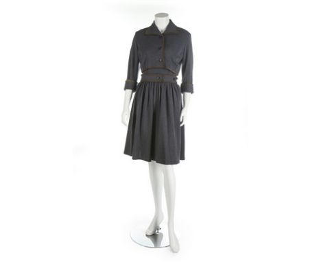 A Maggy Rouff grey wool ensemble and a Lanvin printed dress, 1960s, the Maggy Rouff dress with button back, cropped jacket an