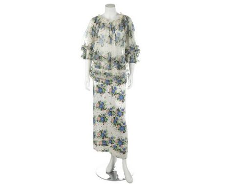 An Ossie Clark/Celia Birtwell printed chiffon and silk crêpe ensemble, mid 1970s, un-labelled with 'Celia Birtwell' signature