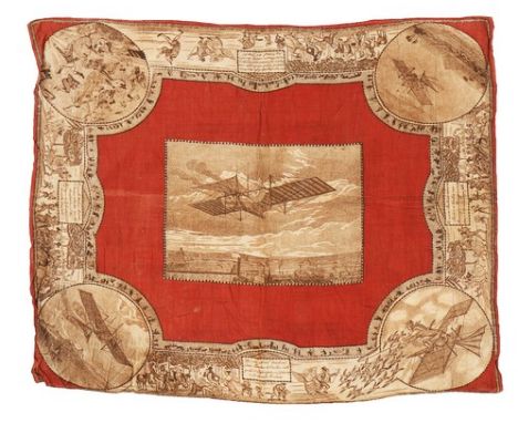 A cotton handkerchief printed with probably Henson's patented flying machine of 1842, depicting the machine in flight and boa