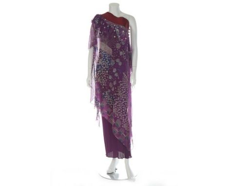 A Zandra Rhodes purple chiffon 'Ayers Rock' print dress, 1974, labelled and UK size 8, the asymmetric neckline with flounces 