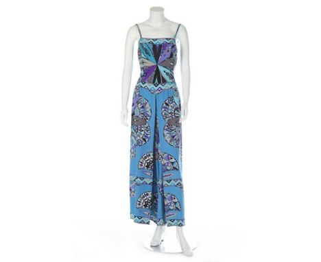 A Pucci sky-blue silk palazzo-pant jumpsuit, late 1960s, labelled, with spaghetti shoulder straps and signature within the ka