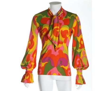 A rare Beatle's Apple boutique man's psychedelic printed nylon jersey shirt, late 1960s, with colourful woven apple motif lab