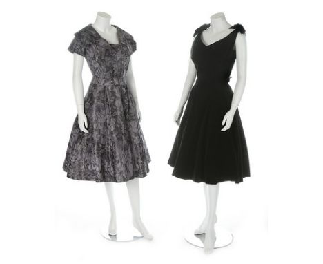 A group of cocktail wear, 1950s, including a Jacques Griffe haute couture chiné silk cocktail dress, labelled, the blue/grey 