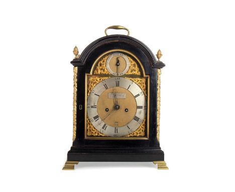 GOOD GEORGE III BRACKET CLOCK BY JOHN CARMICHAEL OF GREENOCK,the ebonised case surmounted with four cast gilt metal finials a