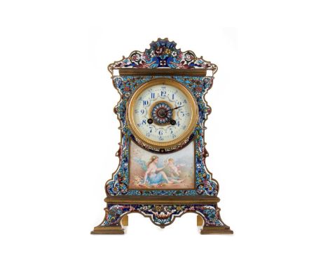 FINE LATE 19TH CENTURY FRENCH BRASS AND CHAMPLEVE ENAMEL MANTEL CLOCK,with two train eight day movement striking on a coil, t