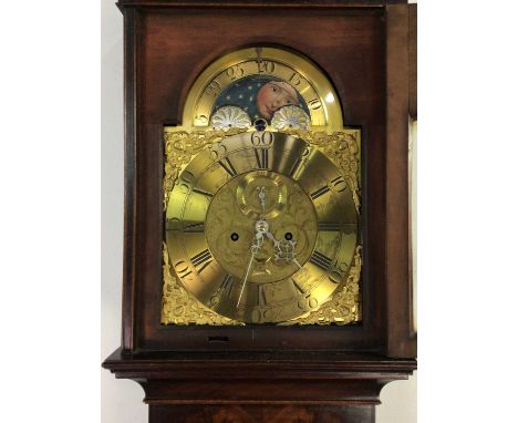 GEORGIAN MAHOGANY CASED EIGHT DAY GRANDFATHER CLOCK,with broken swan neck pediment and brass orb finial, the dial with rollin