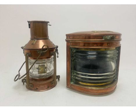 LATE 19TH/EARLY 20TH CENTURY SHIP’S COPPER &amp; BRASS ‘STARBOARD’ CORNER LANTERN, with ribbed glass shade and blue internal,