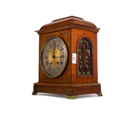 EDWARDIAN MAHOGANY BRACKET CLOCK,the silvered and gilt dial with numerals in black, 33.5cm high
