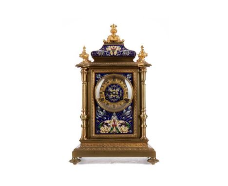 ATTRACTIVE 19TH CENTURY BRASS AND CHAMPLEVE ENAMEL MANTLE CLOCK,with cast acanthus scroll surmount and four further cast fini