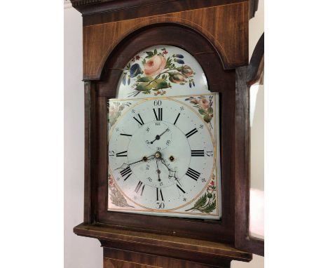 19TH CENTURY MAHOGANY LONGCASE CLOCK,with twin train movement, the painted white enamel dial set with Roman and Arabic numera