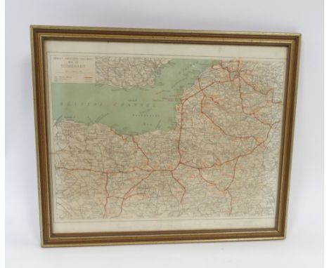 A 20th Great Western Railway map of Somerset, inscribed "Presented to James Milne from all the lads at Paddington 1935" 36cm 