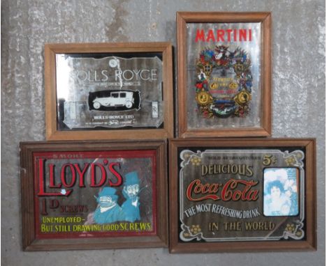 Four vintage advertising mirrors, Martini, Rolls Royce, Lloyds cigarettes and Coca-Cola