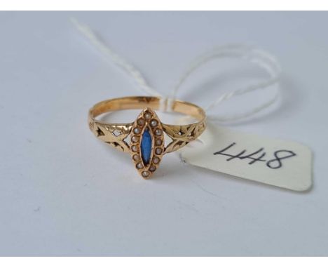 An antique pearl &amp; blue stone gold marquise ring size N ½  1.6g inc