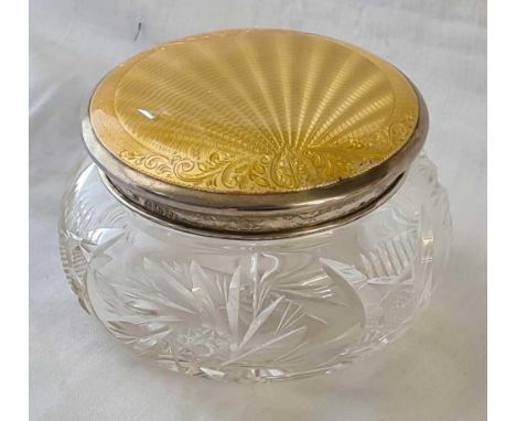 A circular enamel top jar with cut glass body - 4" diameter - Birmingham 1933 