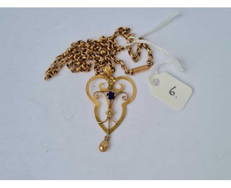 An art nouveau style sapphire and pearl pendant 9ct on a 9ct neck chain - 6.8 gms 