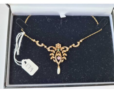 A attractive cased gem set pendant necklace with pearl drop 9ct 