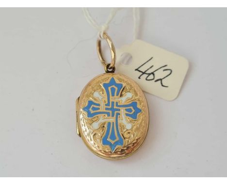 An oval Victorian 9ct back &amp; front locket with blue enamel cross to front 