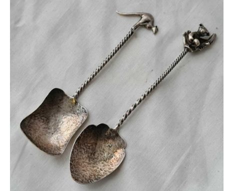 An Australian caddy spoon with kangaroo and jam spoon with koala bear – stamped STERLING