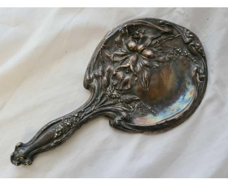 A stylish Art Nouveau hand mirror decorated with flowering lily – Birmingham 1912 by WA