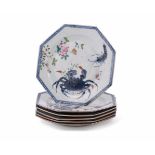 An unusual set of six Chinese Export Famille Rose 'Crab and Prawn' plates