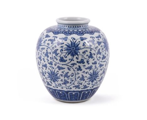 A Chinese blue and white jar, 18th century, of squat ovoid shape, the exterior painted in the  Ming style with dense leafy lo