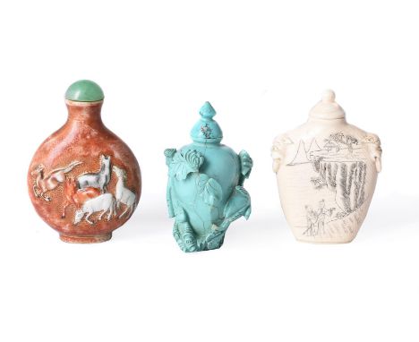 Y Three Chinese snuff bottles, including: a porcelain moulded snuff bottle and stopper, circa 1850, with the eight horses of 