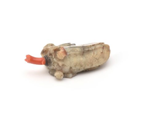 Y A Chinese grey jade snuff bottle, the jade 17th century, modelled as two magnolia flower buds issuing from the branch, cora