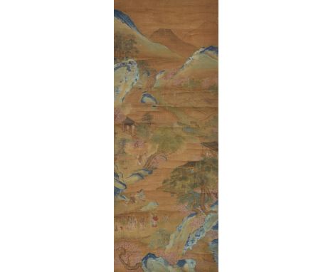 Anonymous (18th century), Landscape and figures, ink and colour on silk, scroll, picture size 120cm x 43cm清18世纪 匿名《山水人物图》青绿山水
