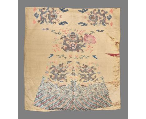 An uncut Chinese brocade dragon robe, Qing Dynasty, circa 1860, with 9 dragons woven with grey blue scales and each clasping 