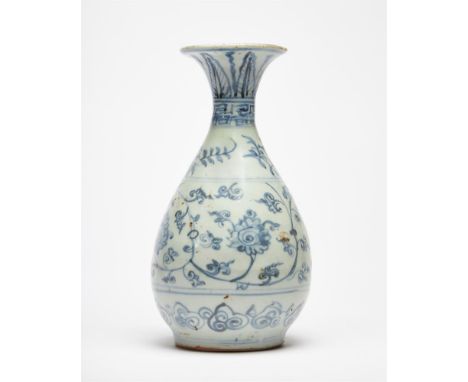 A provincial Chinese blue and white bottle vase, yuhuchunping, 15-16th century, decorated with lotus scroll, 20cm highProvena
