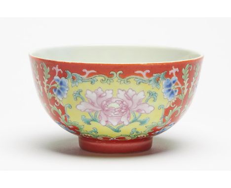 A Chinese coral-ground 'peony' Bowl, Daoguang six-character mark in underglaze blue and of the period (1821-1850), finely ena