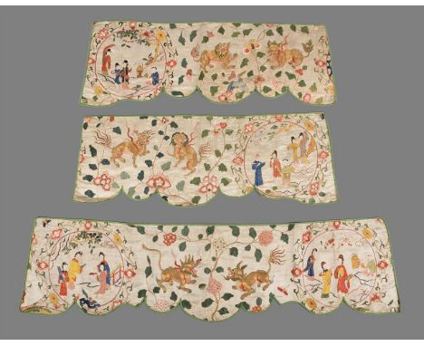 Three parts of Chinese export silk from a pelmet for a European four poster bed, circa 1720, Qing Dynasty, from the Southern 
