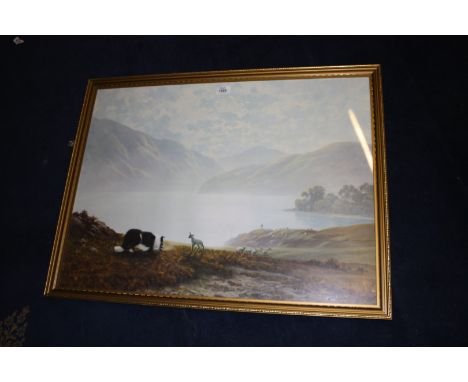A large framed print of a Shepherd and his dog herding sheep in the highlands.