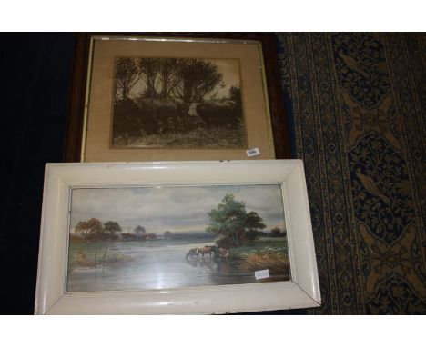 A framed sepia Photograph of Cattle and a framed Print of Cattle drinking