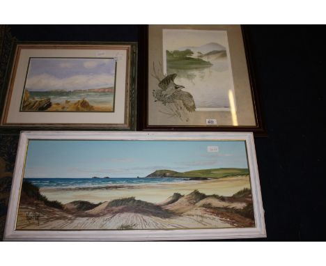 A watercolour  of a Seascape, signed M.C.I.,13'' x 9'' a Seascape by Kevin Platt and a print of an Eagle above a reservoir.