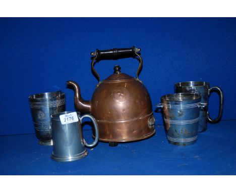 An electric Copper Kettle with wooden handle and finial along with four Epns Tankards
