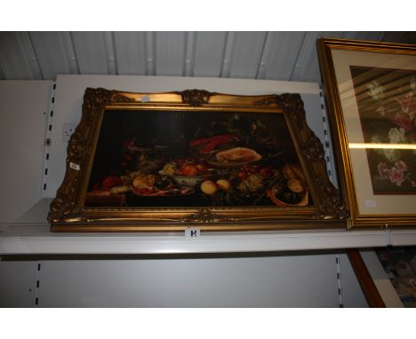 A large ornately framed Print of a still life titled 'Lobster with Fruit;' along with a framed and mounted floral print 'Gard