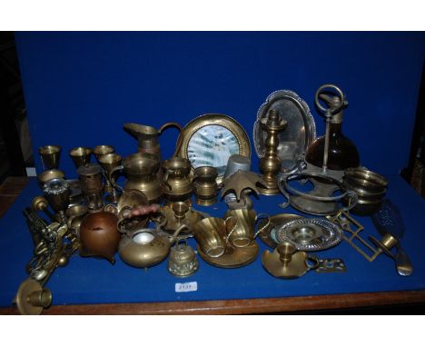 A large quantity of brass and other metals including brass Cups, glass Decanter in stand, Candlesticks, converted Oil Lamp, D