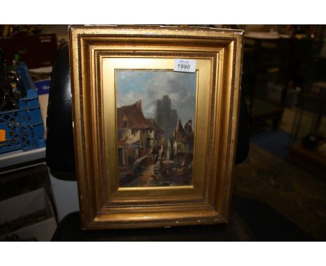 An Oil on board depicting a street scene after M Scherfer